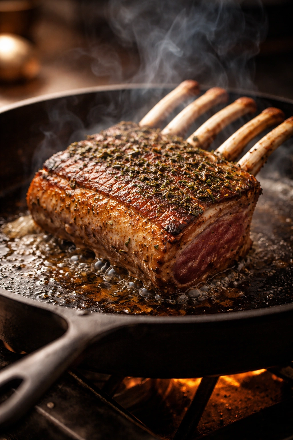 Lamb searing in a hot cast-iron skillet with fat rendering and crust forming.
