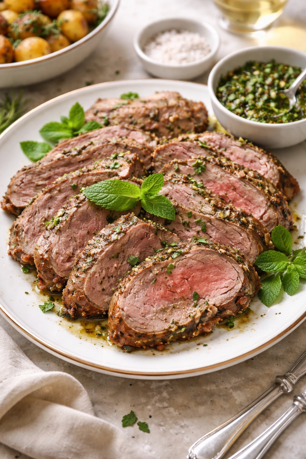 Lamb slices plated with mint garnish on an elegant plate.