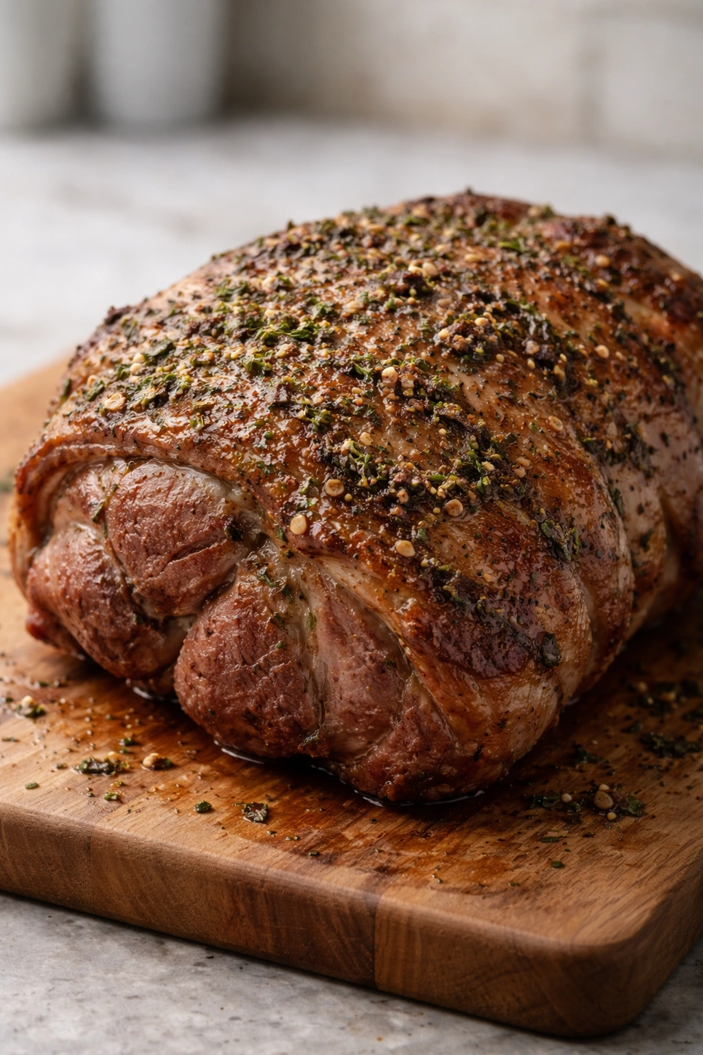 Lamb with light herb crust, simple seasoning on surface