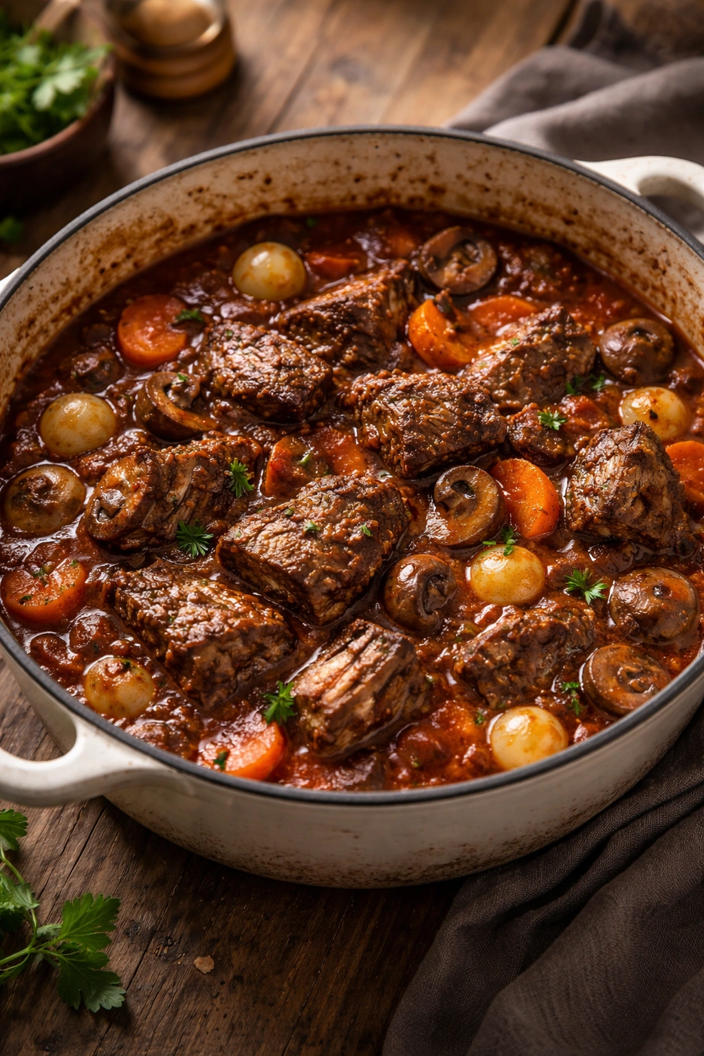 Lamb shoulder stew with tomato-red wine sauce and vegetables.