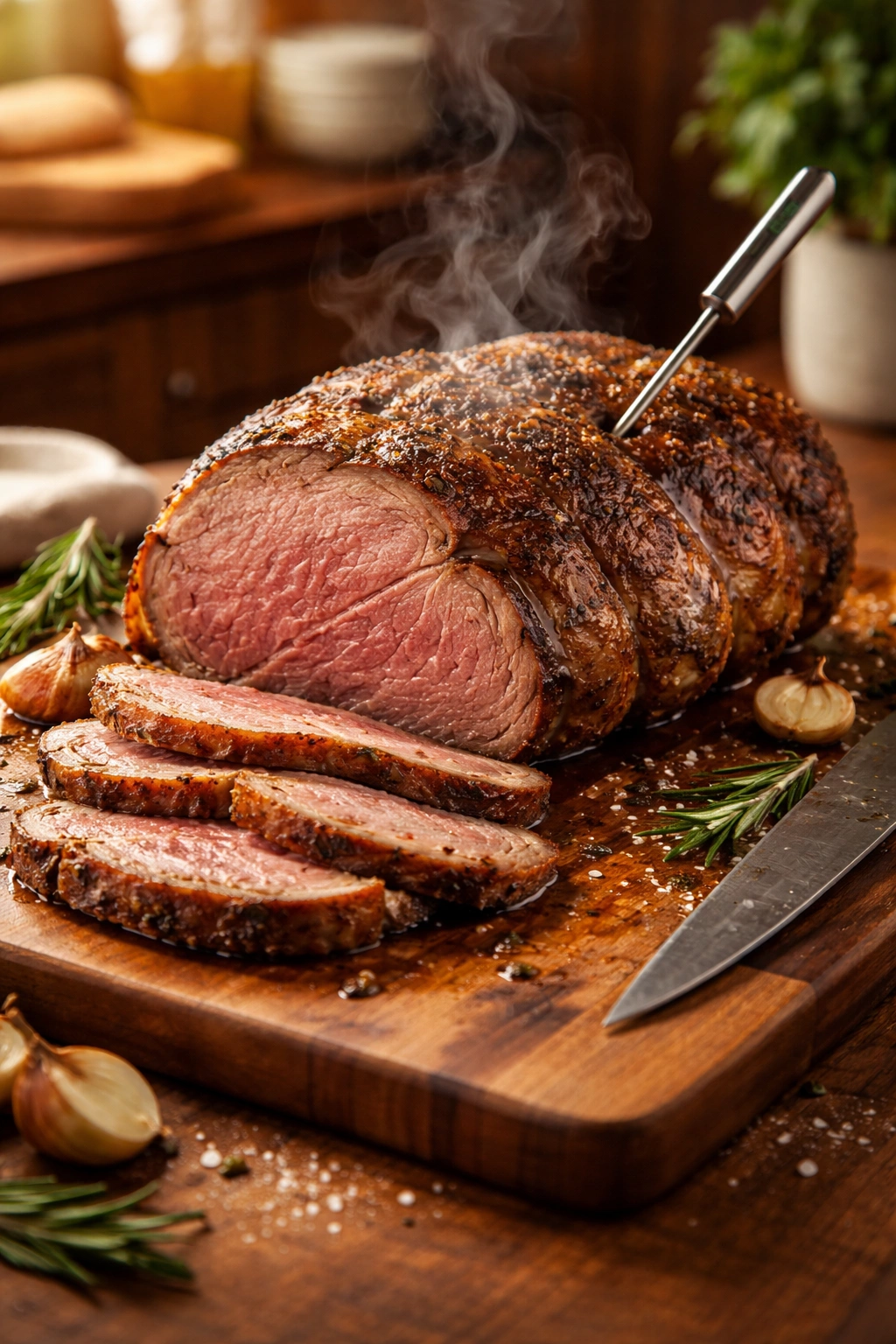 Lamb roast resting with a probe inserted in the center and crisp crust.