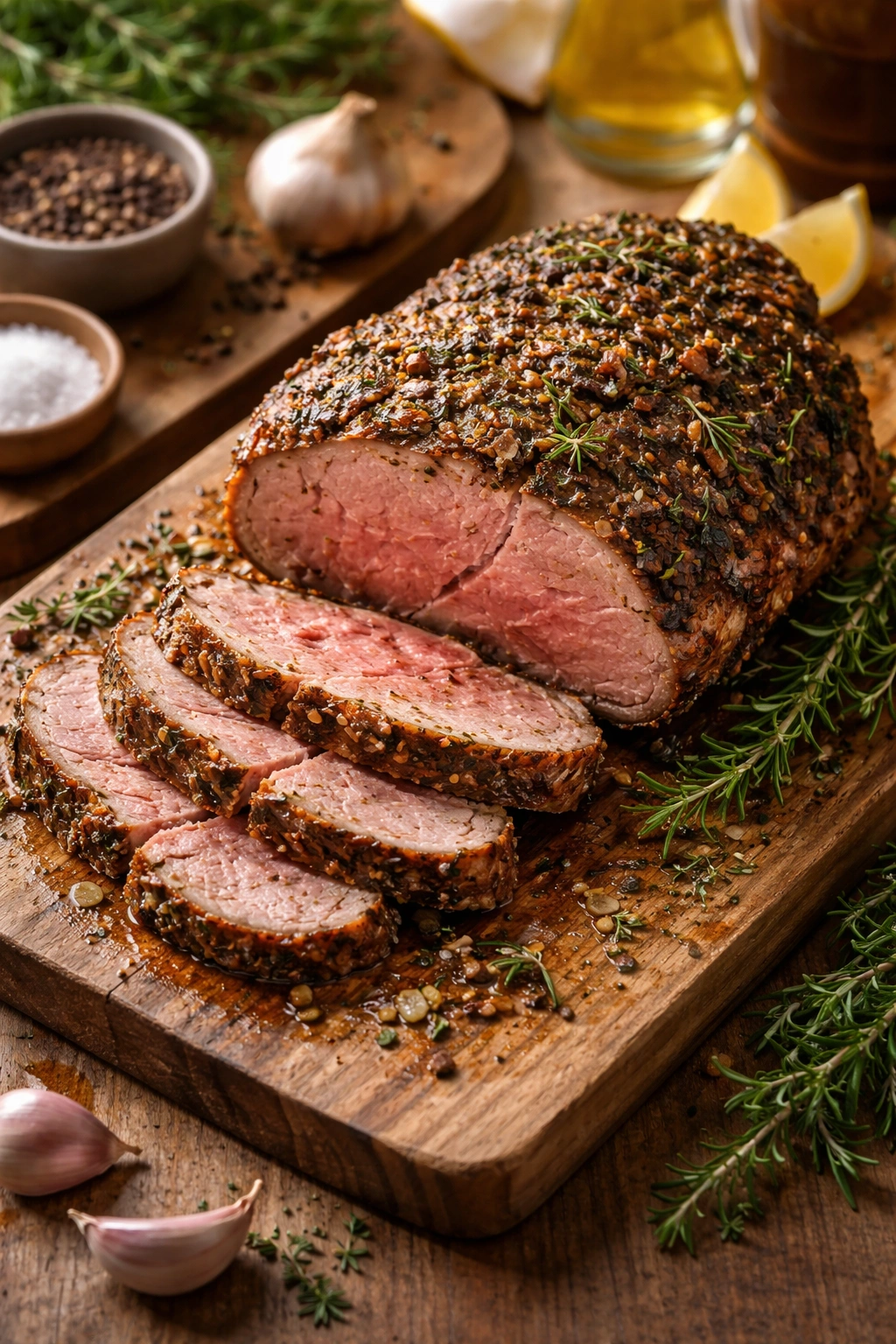 Herb-crusted boneless lamb on cutting board