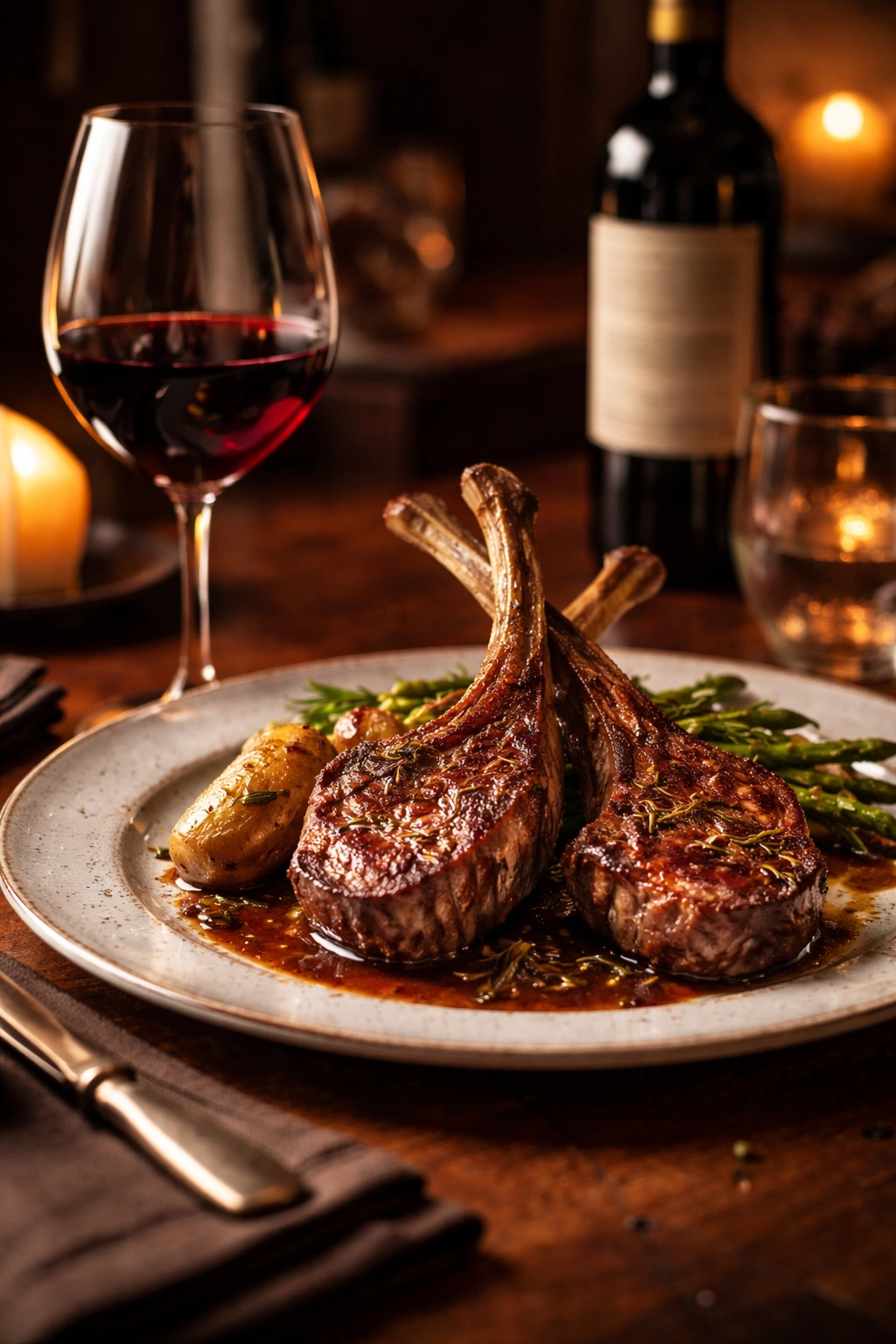 Lamb chops plated with a glass of red wine on a dining table