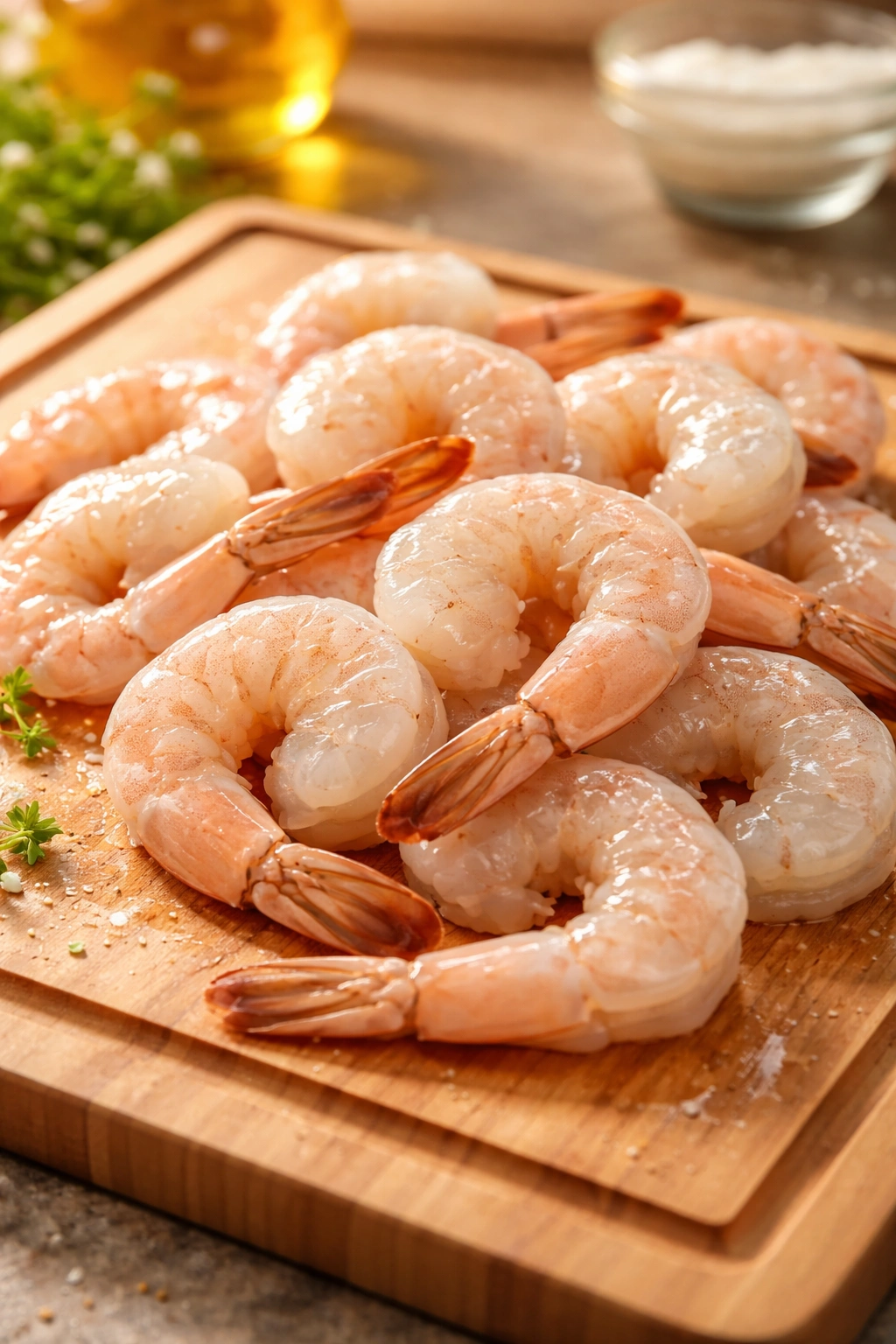 Large peeled shrimp on a cutting board