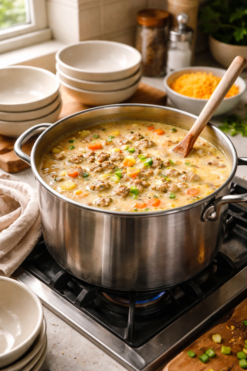 Large stockpot simmering with soup and empty bowls nearby indicating generous yield