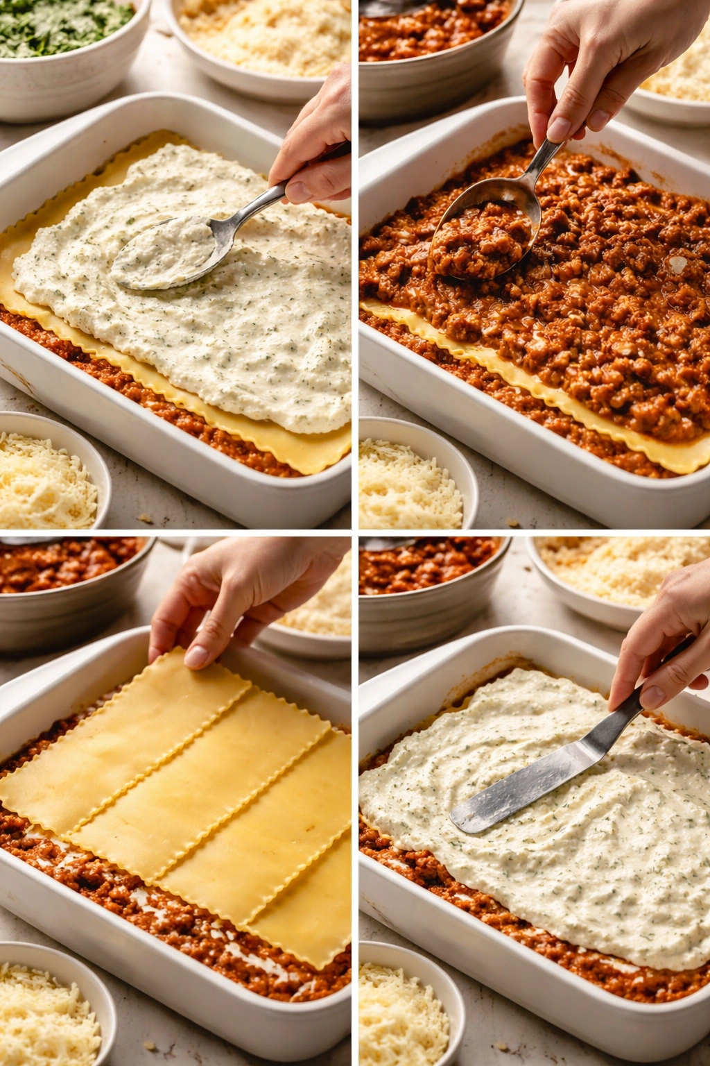 Hands layering lasagna noodles and cheese in a dish