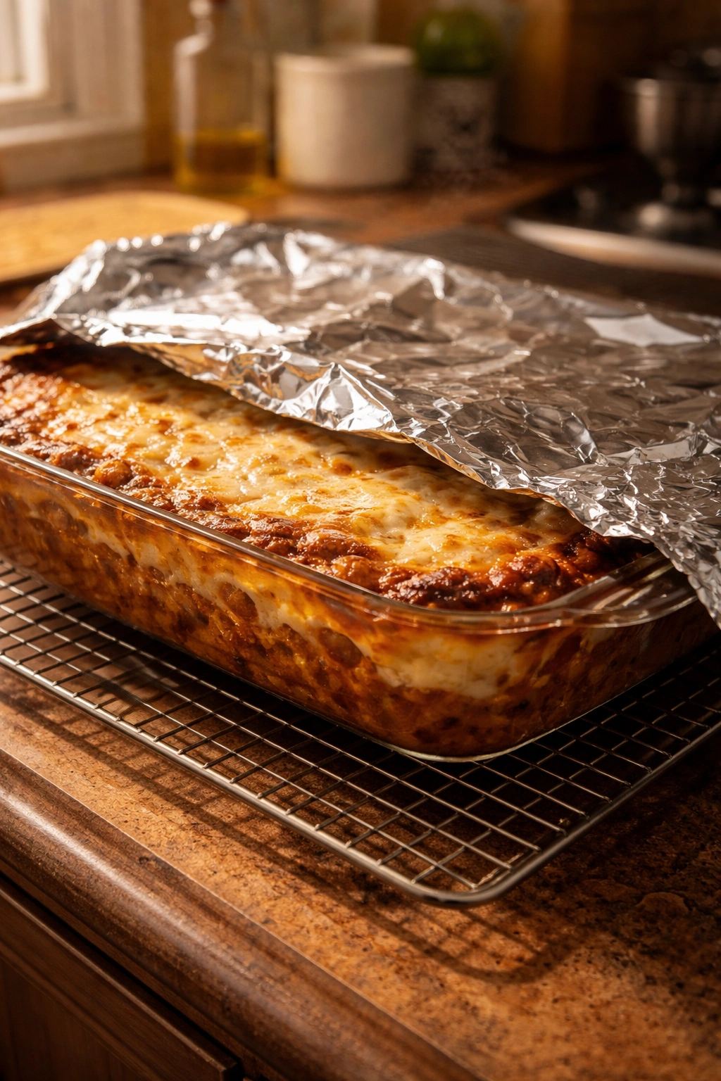Lasagna baking in foil-covered dish with bubbling cheese