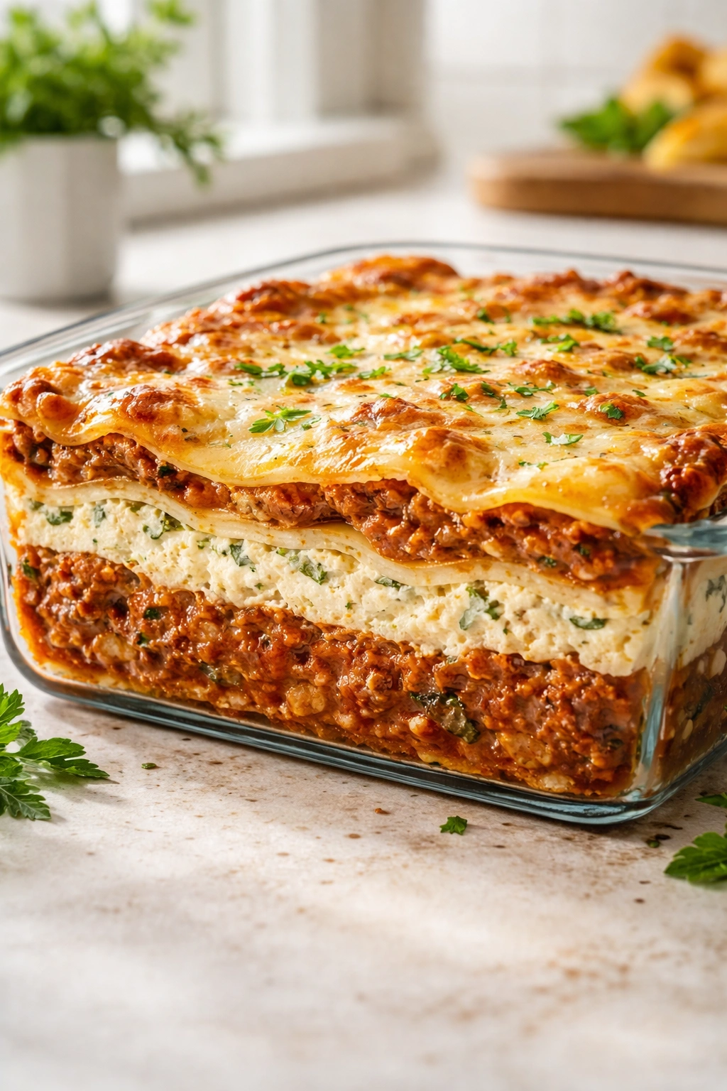Cross-section view of lasagna showing meat sauce, cheese filling, and pasta layers