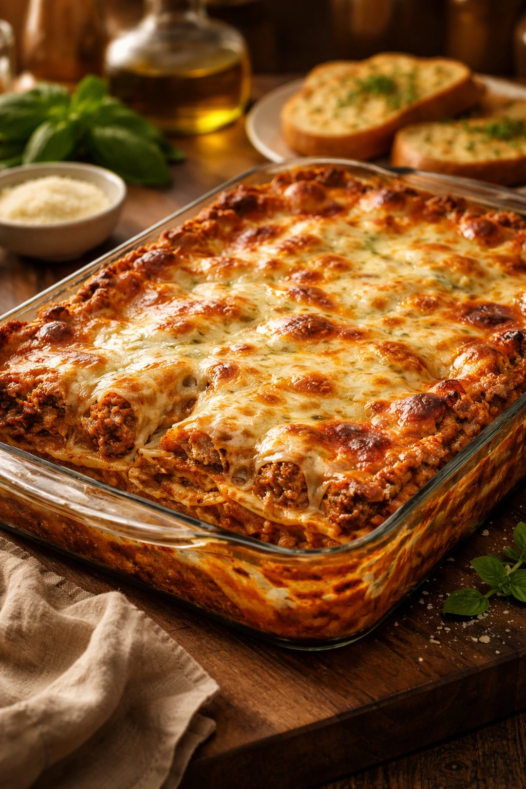 Close-up of bubbling lasagna with melted cheese in a baking dish