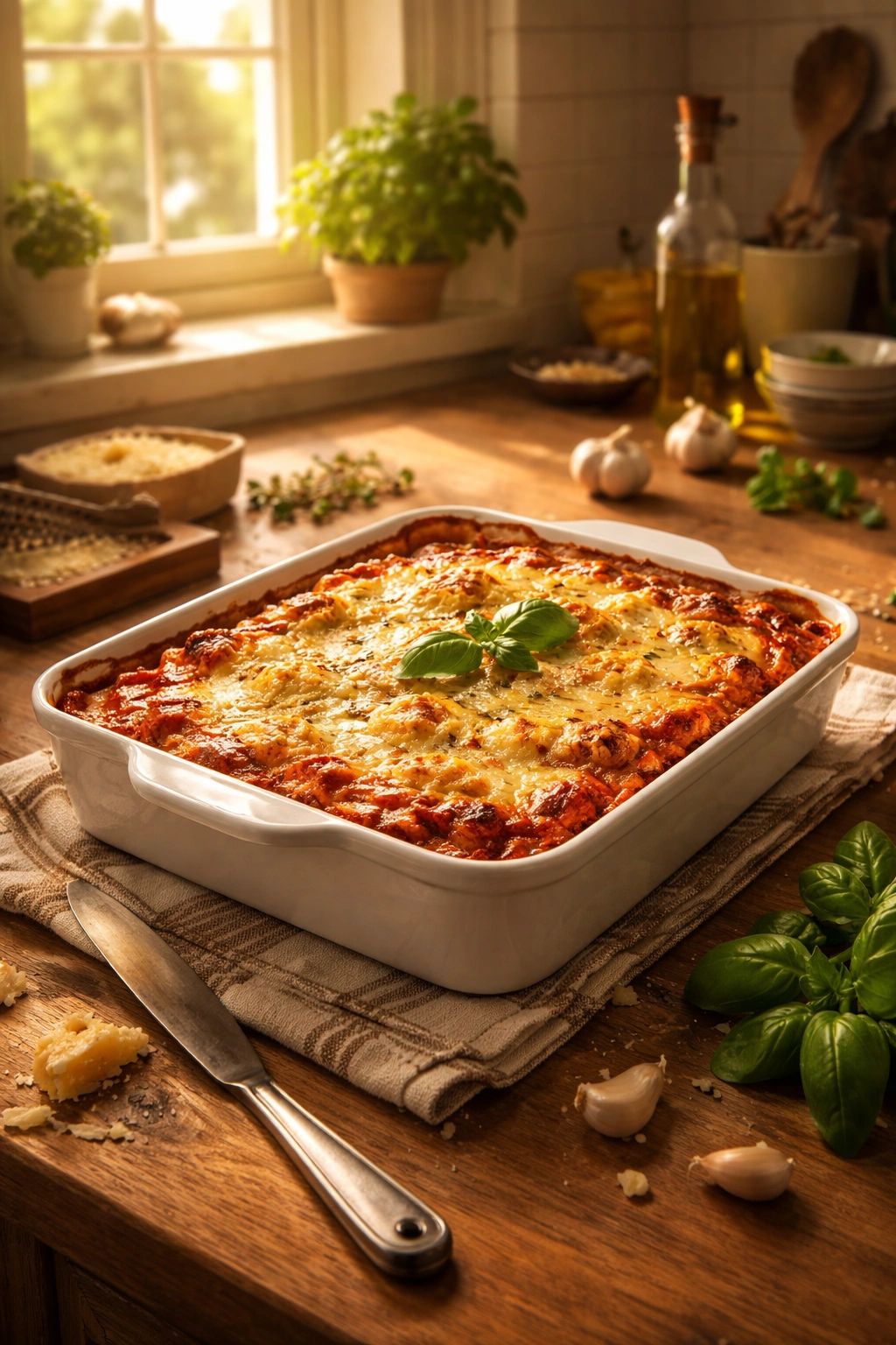 Finished lasagna in a warm kitchen with sunlight.