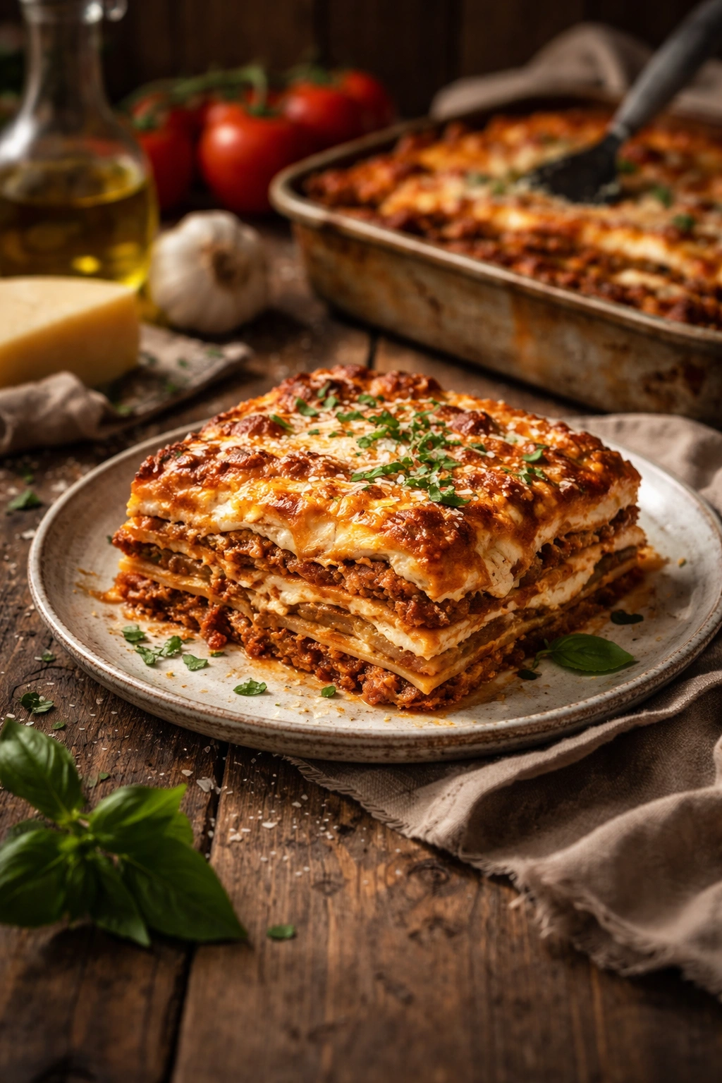 Lasagna plated on a rustic wooden surface, showing layers and browned top