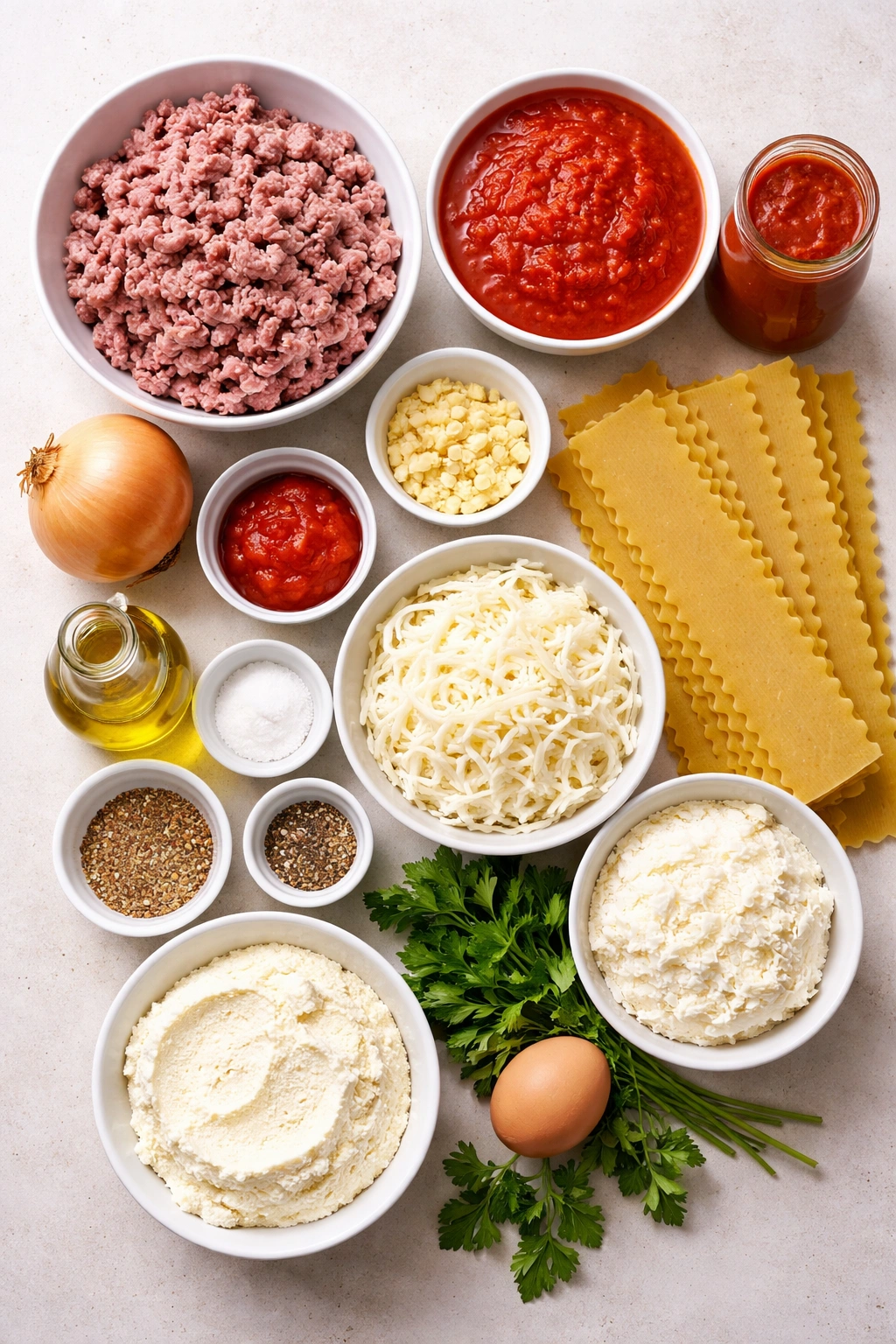 Overhead flat lay of lasagna ingredients on a clean surface