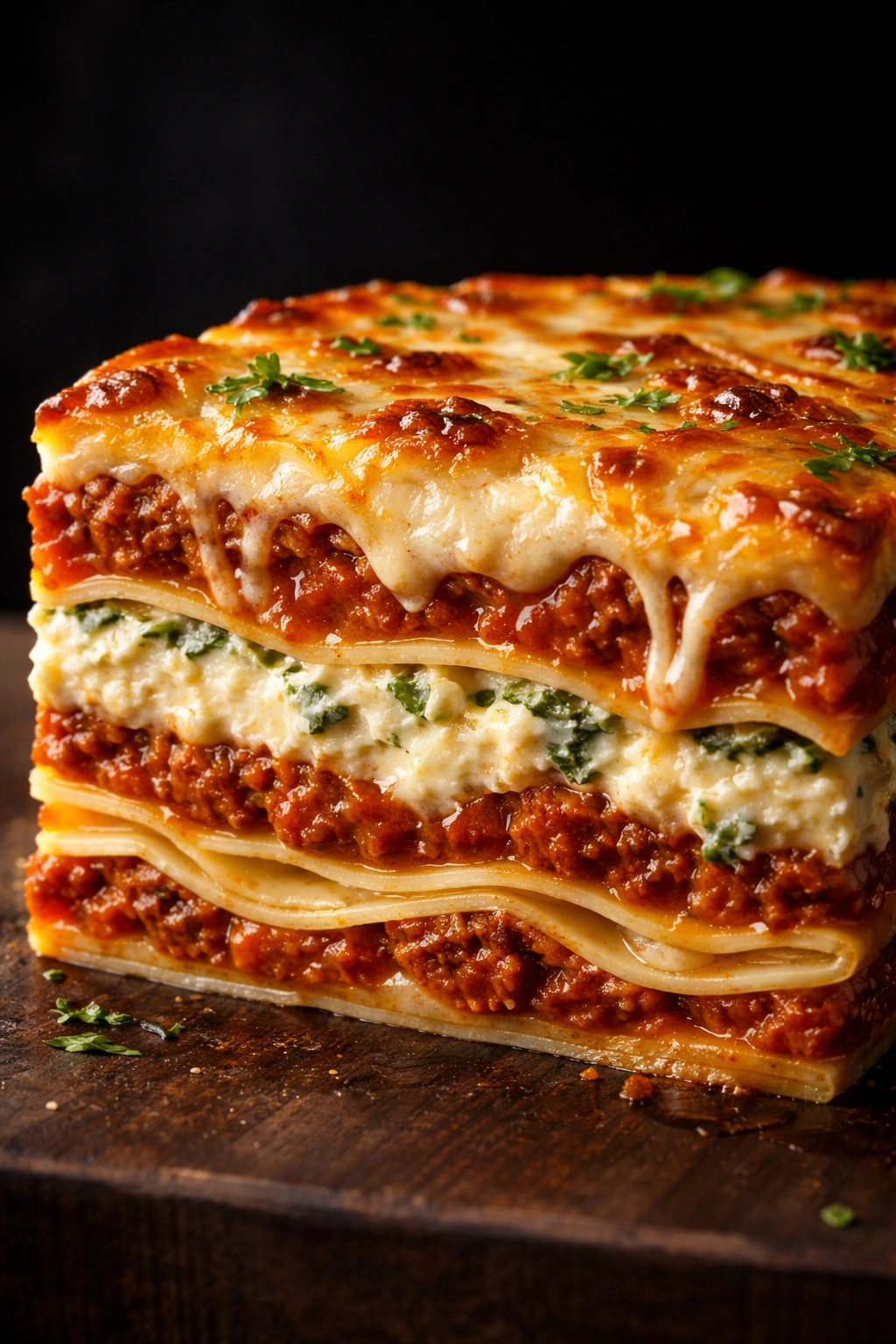 Cross-section of lasagna illustrating pasta, sauce, and cheese layers