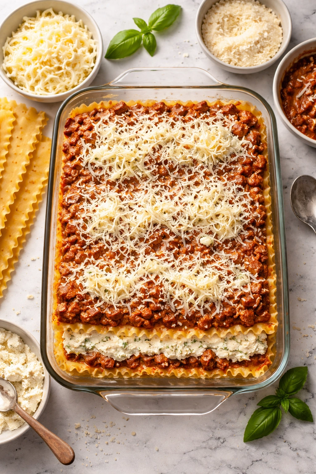 Layered lasagna in a glass baking dish
