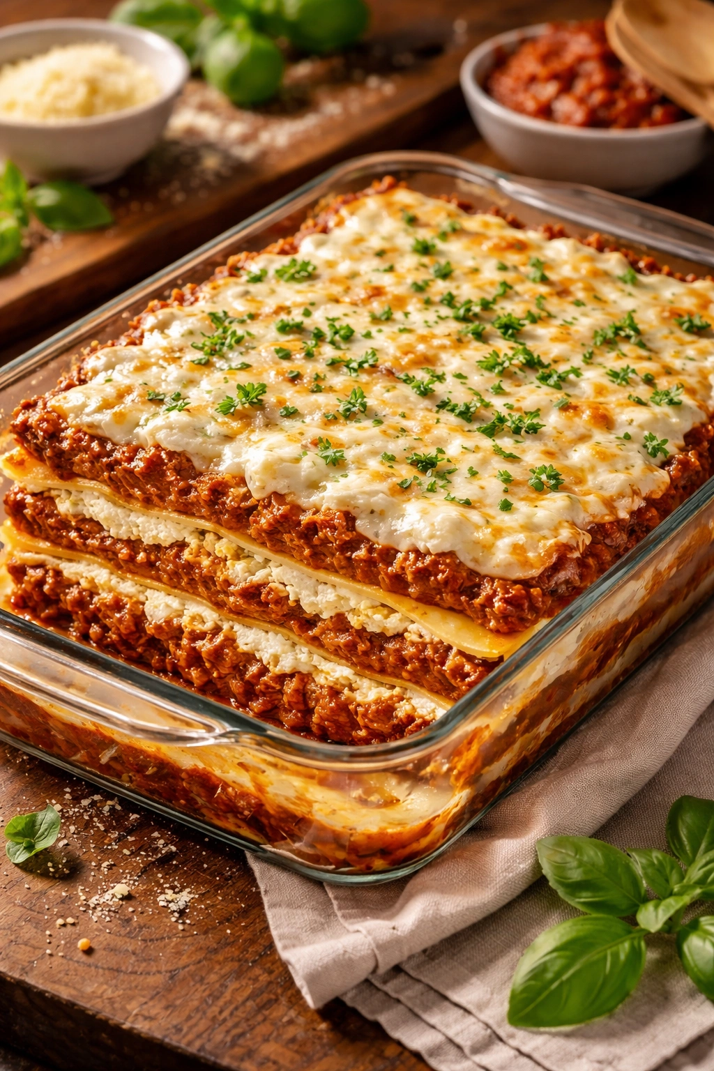 Layered lasagna in baking dish with visible noodles, sauce, and cheese