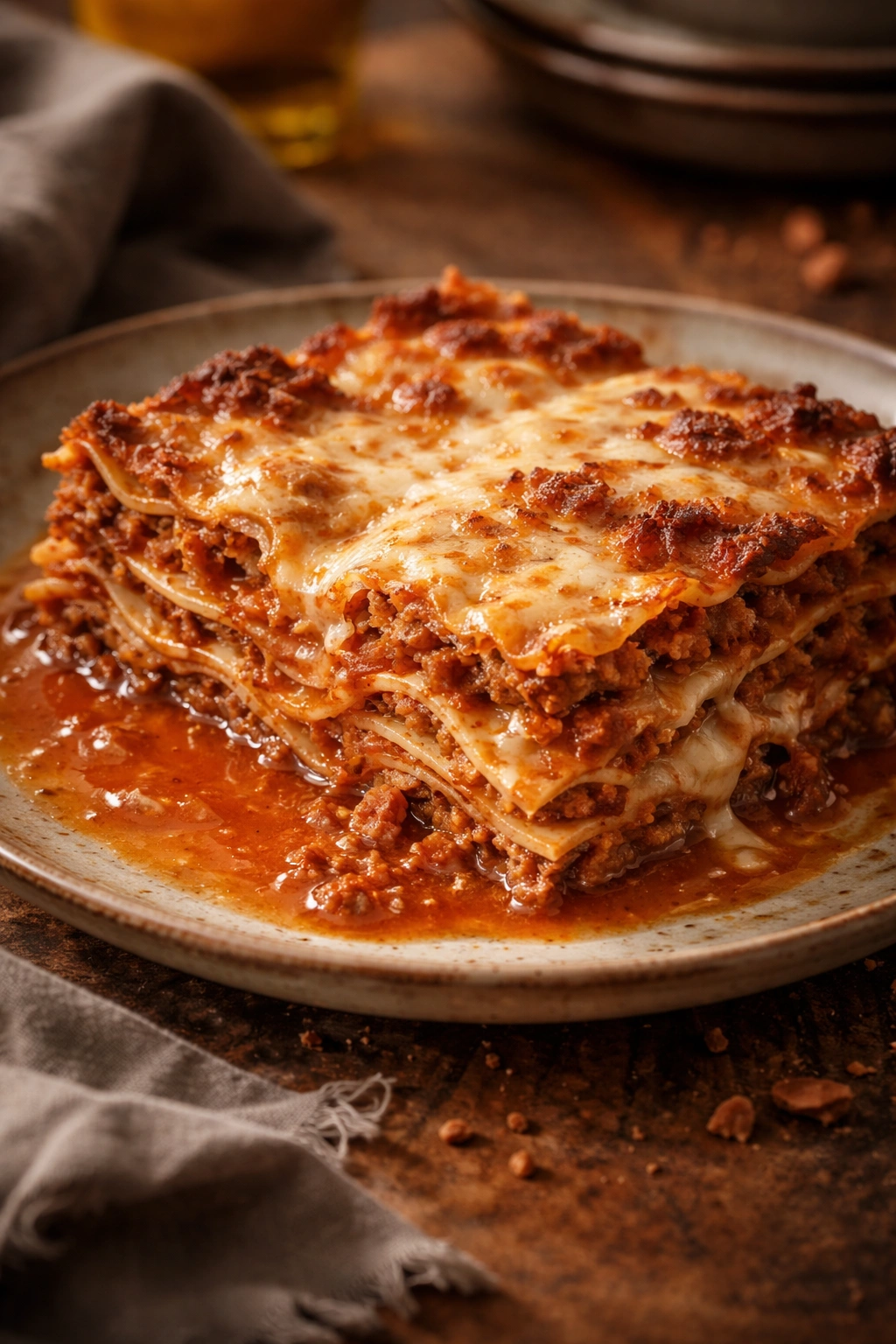 Lasagna showing watery sauce and crumbly edge as common mistakes.