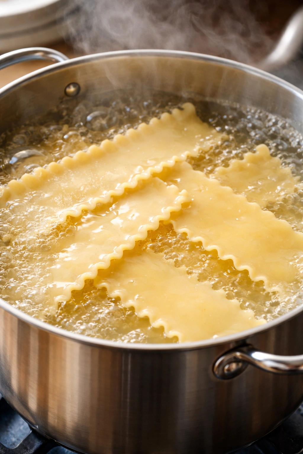 Lasagna noodles boiling in a large pot of salted water