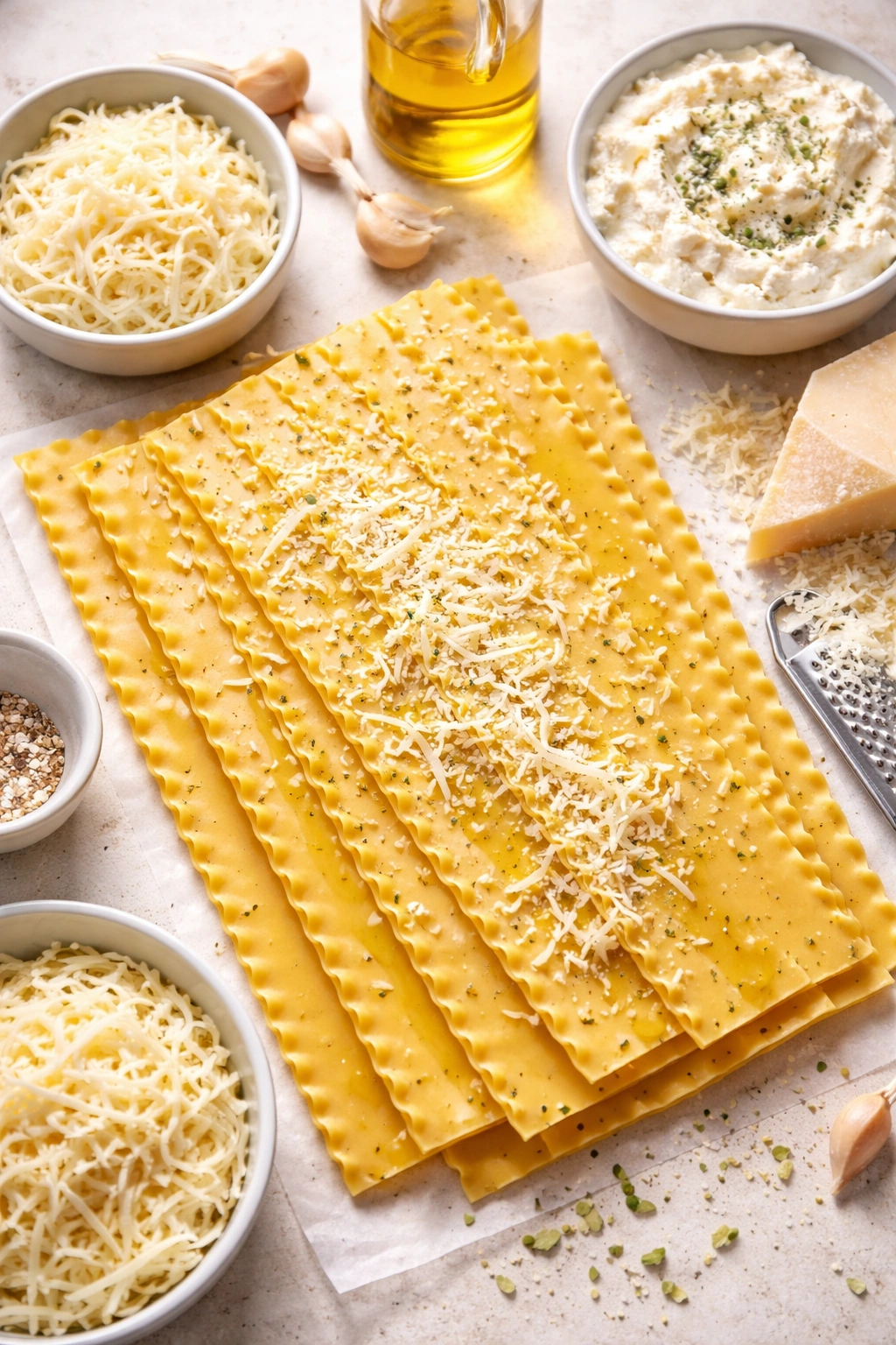 Top-down view of uncooked lasagna noodles with mozzarella and Parmesan