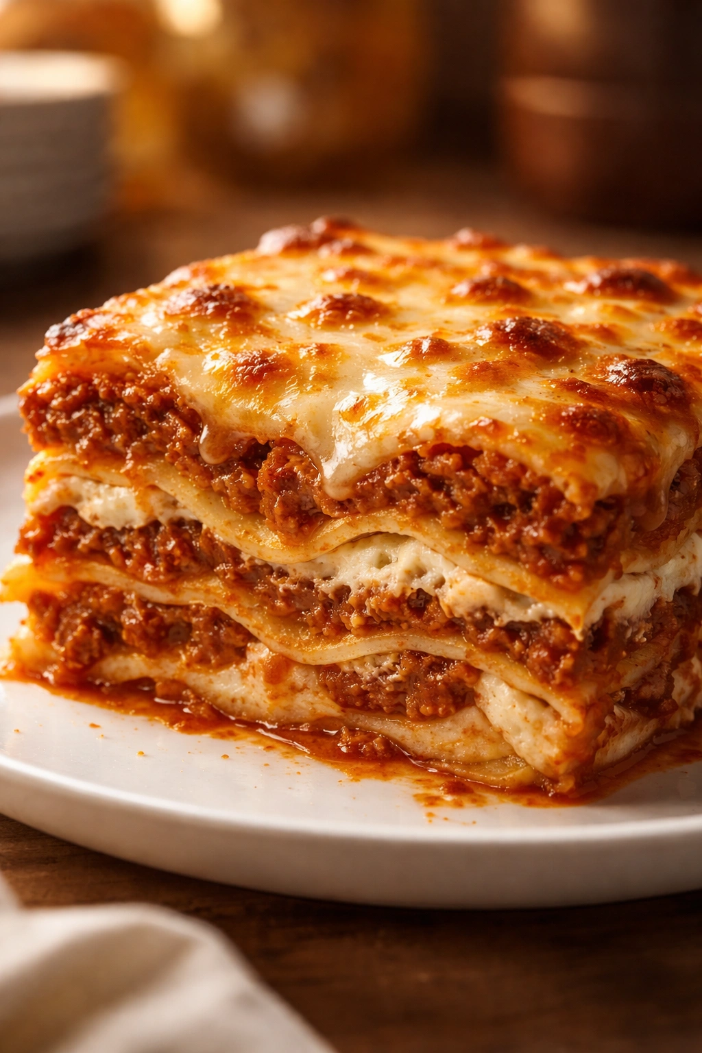 Close-up of lasagna slice showing layered pasta, cheese, and meat sauce