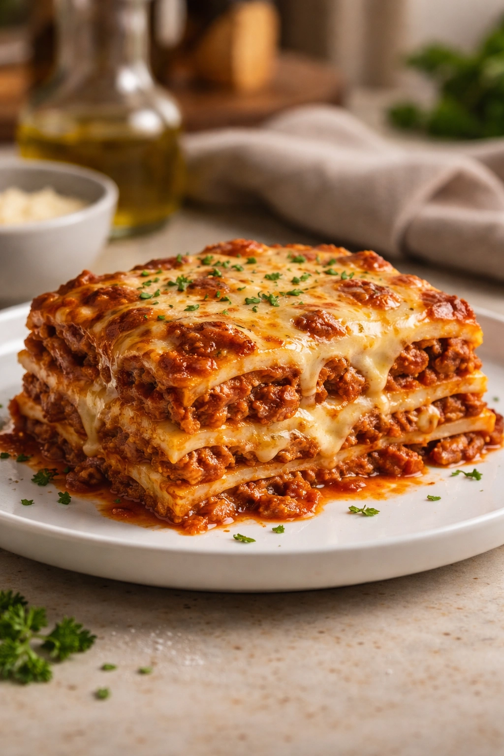 Close-up of a lasagna slice on a plate highlighting layers and cheese, warm kitchen lighting