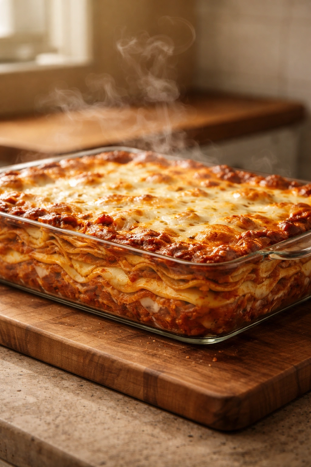 Lasagna resting with steam rising on a counter