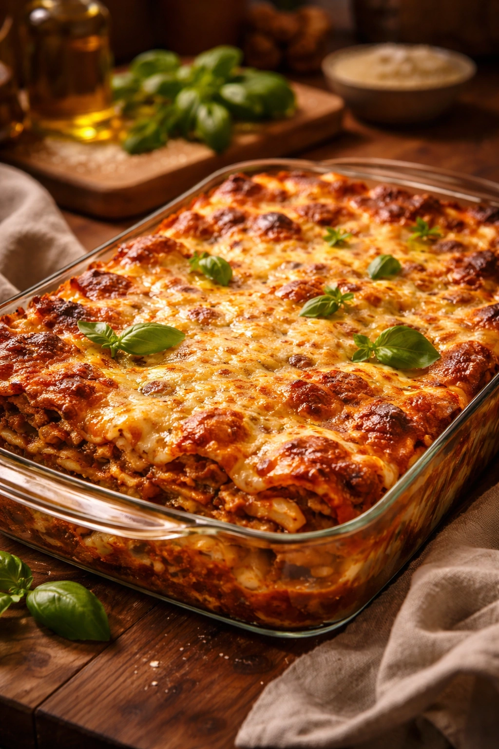 Bubbling lasagna in a glass dish with golden cheese crust on warm kitchen counter