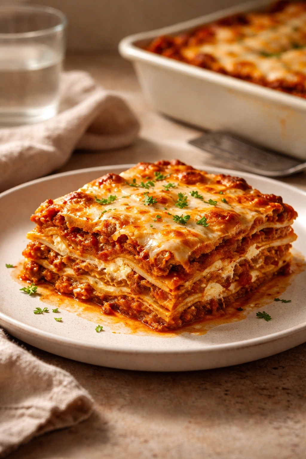 Lasagna slice on plate with warm lighting