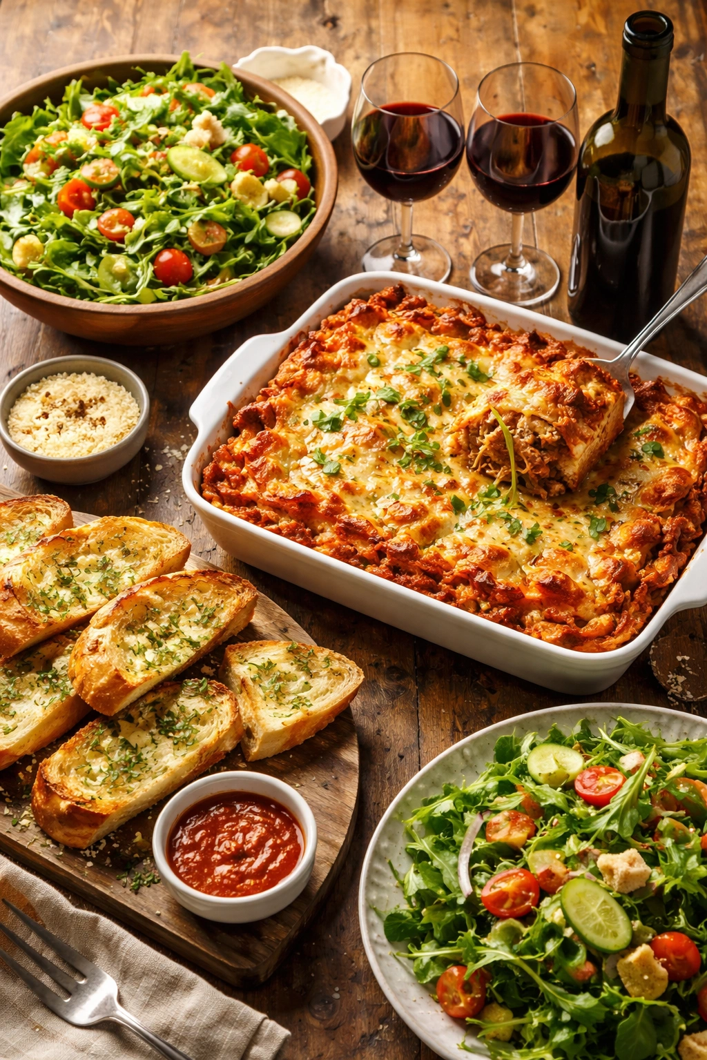 Lasagna with salad and garlic bread on rustic table