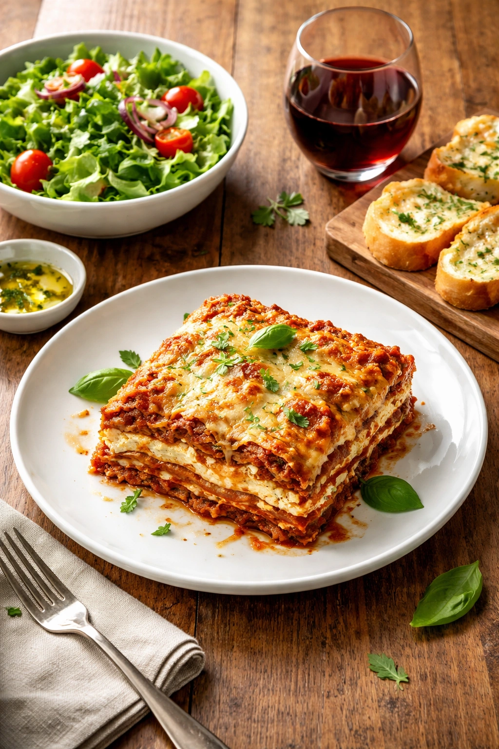 Plate with lasagna slice, wine glass, and salad suggesting pairings