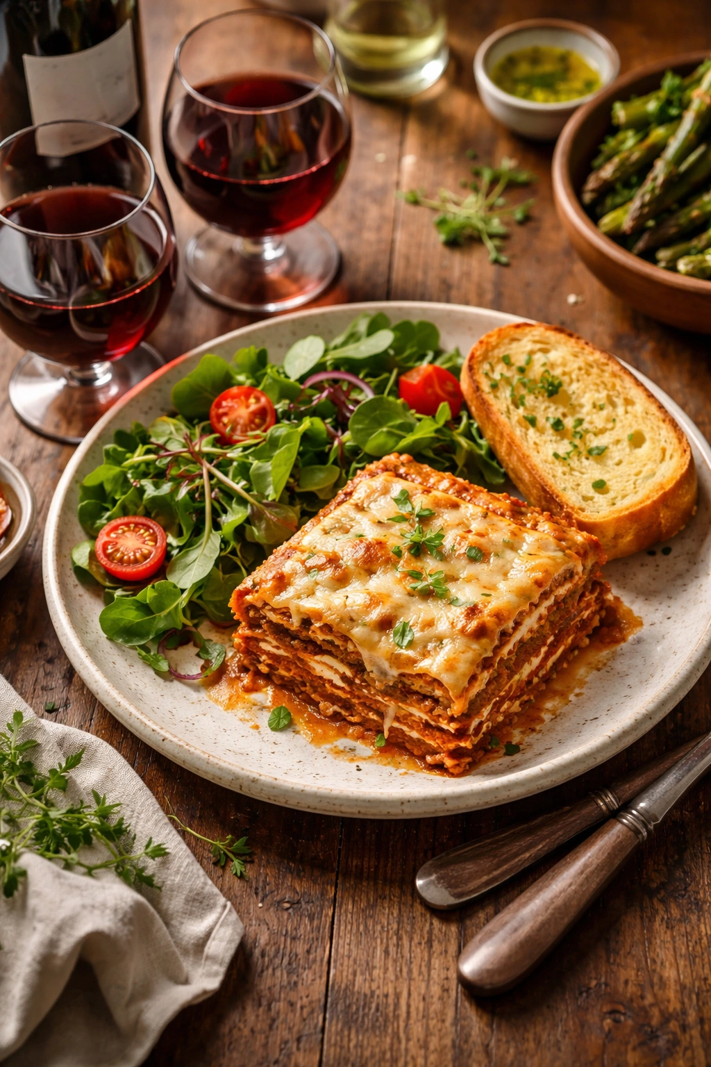 Lasagna plated with salad and garlic bread on wood table.