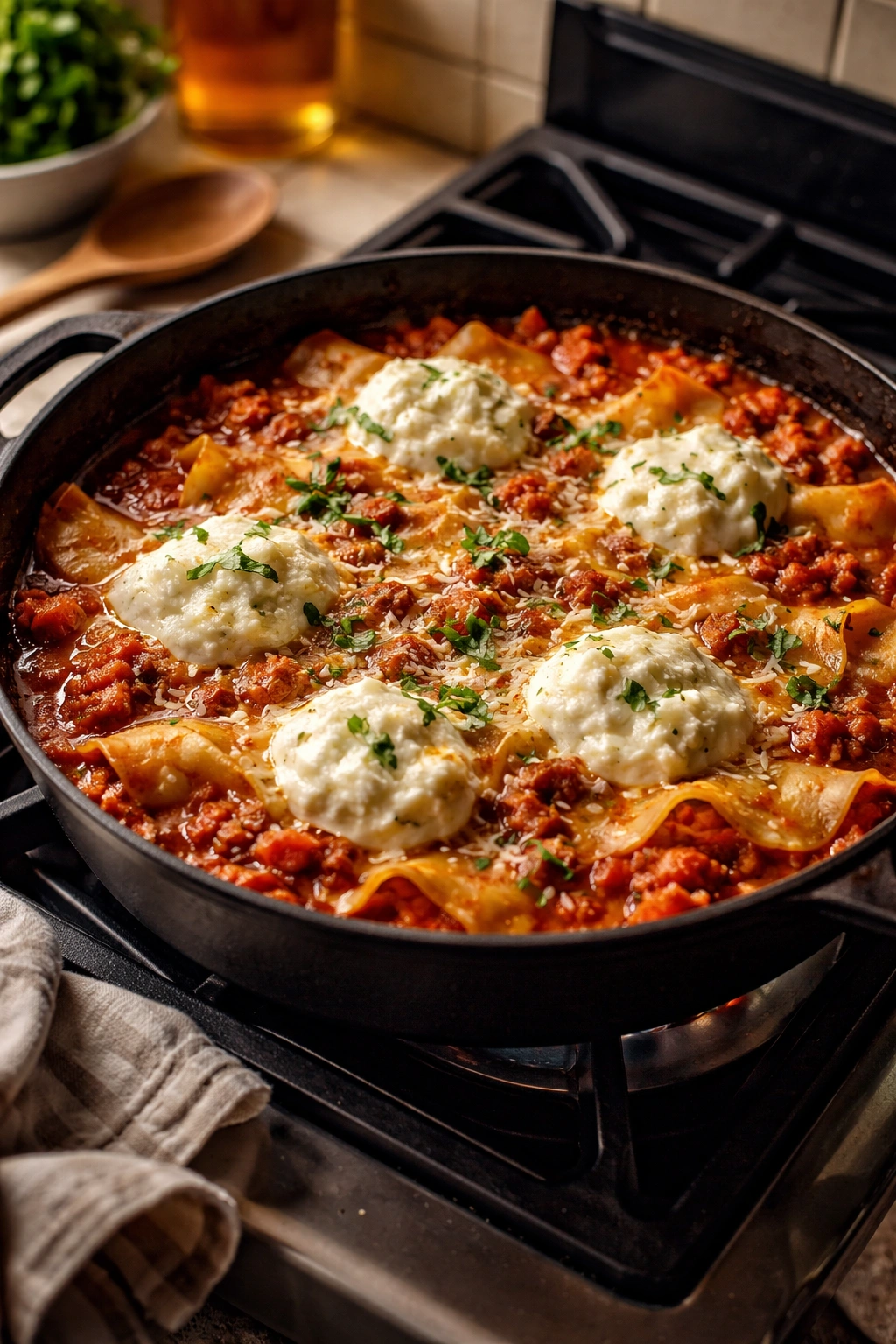 Deep skillet with tomato sauce, broken lasagna noodles, and melted cheese on top