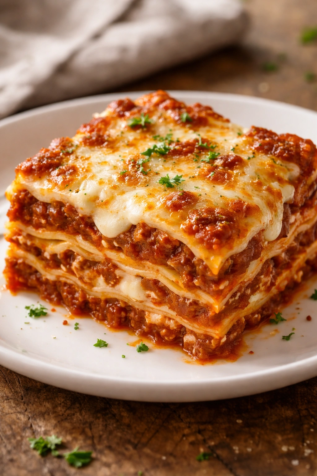 Close-up of a lasagna slice on a plate showing layered pasta and cheese