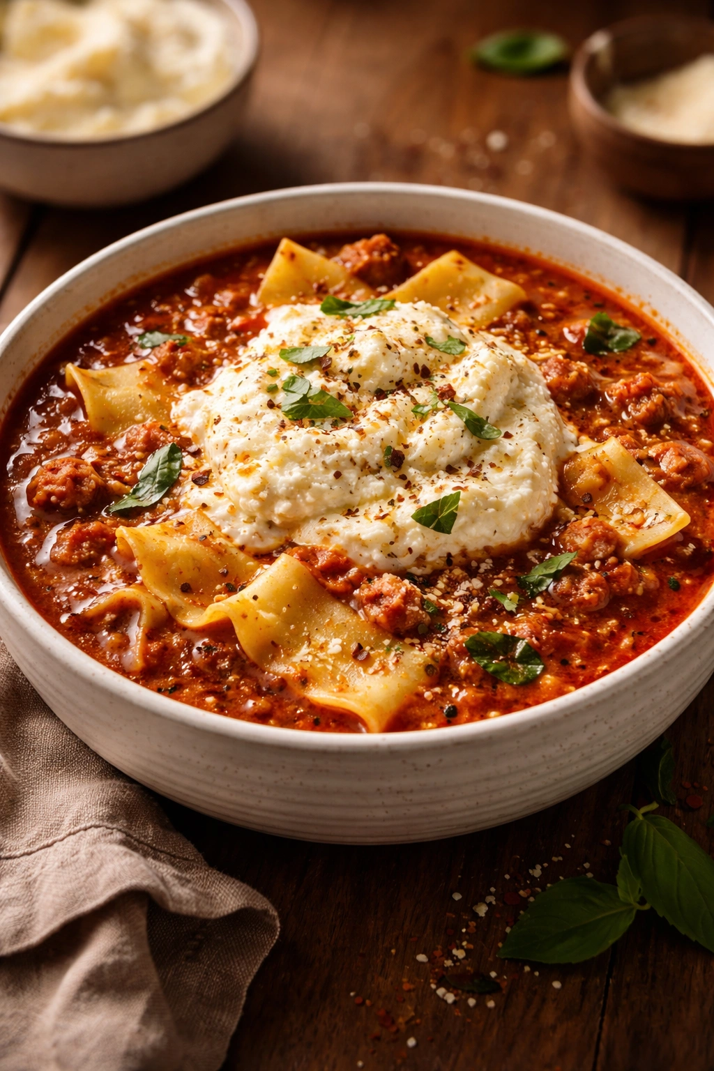 Bowl of lasagna soup with visible noodles and melted cheese