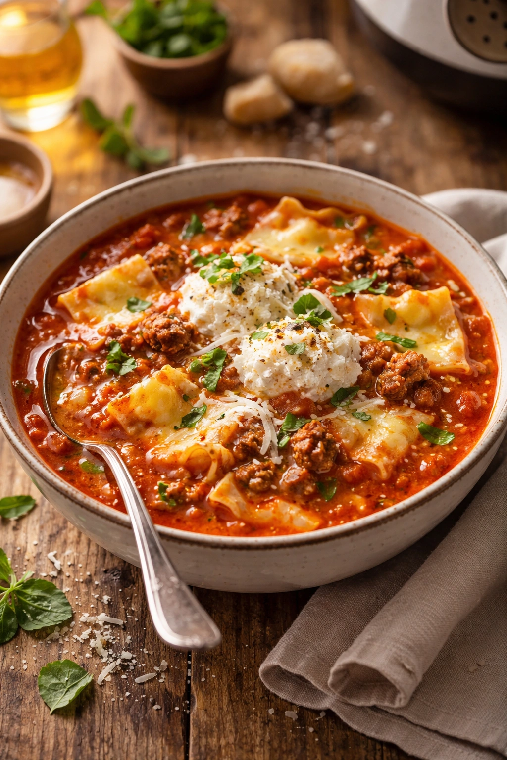 Steaming lasagna soup in a bowl with noodles and cheese