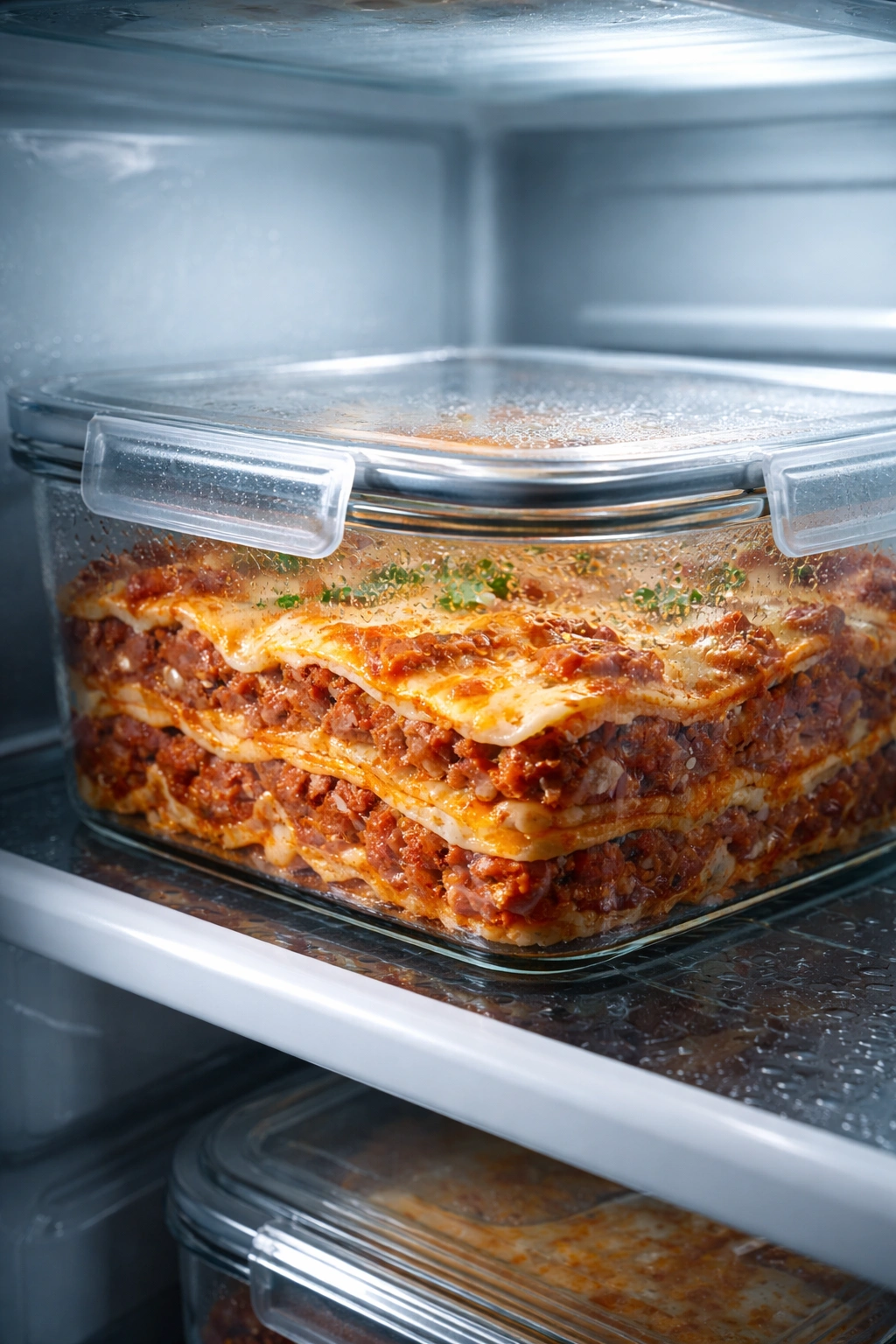 Airtight container of lasagna on a fridge shelf ready for storage.