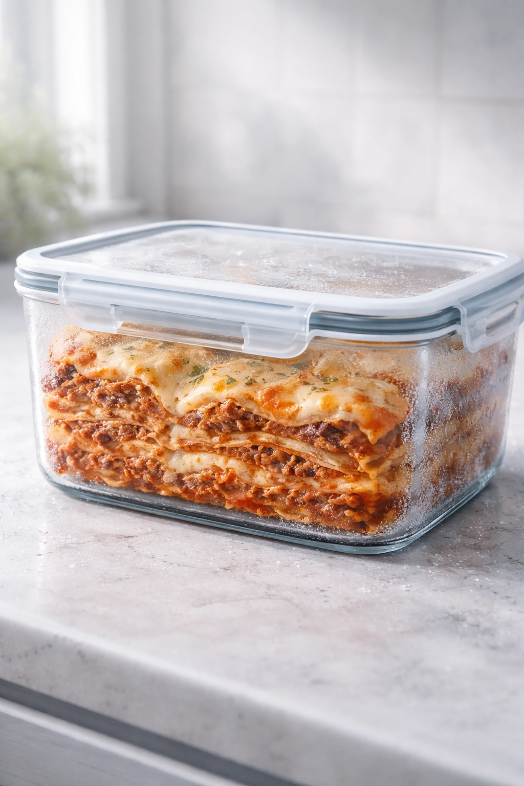 Glassy lasagna storage container with condensation on a counter