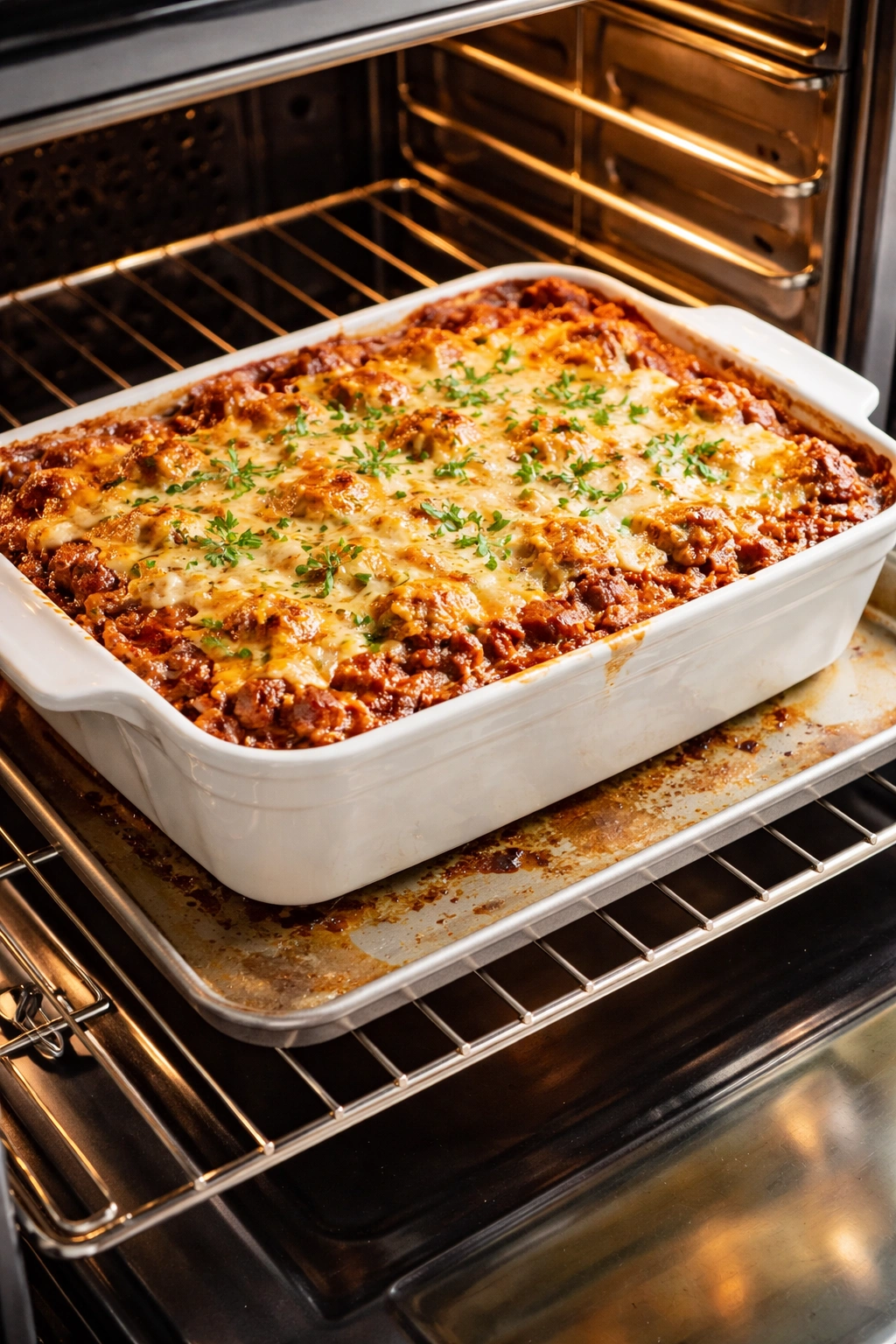Lasagna on rack with bottom heat controlled by sheet