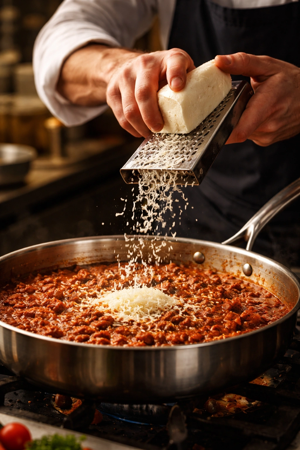 Close-up of grated mozzarella melting into a simmering meat sauce in a professional kitchen.