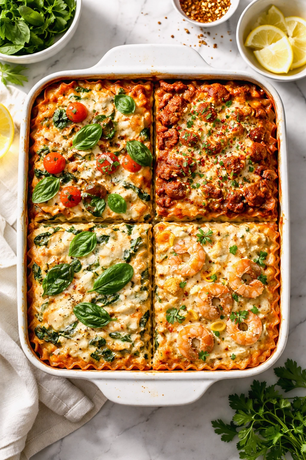 Lasagna pan cross-section showing four variation textures without labels