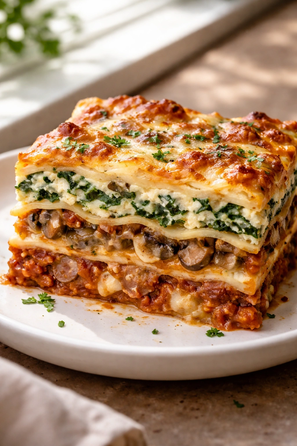 Cross-section lasagna showing spinach, mushrooms, and sausage fillings.