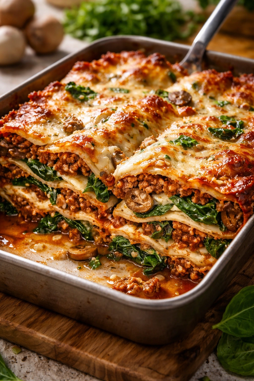 Lasagna layers with mushrooms and spinach visible