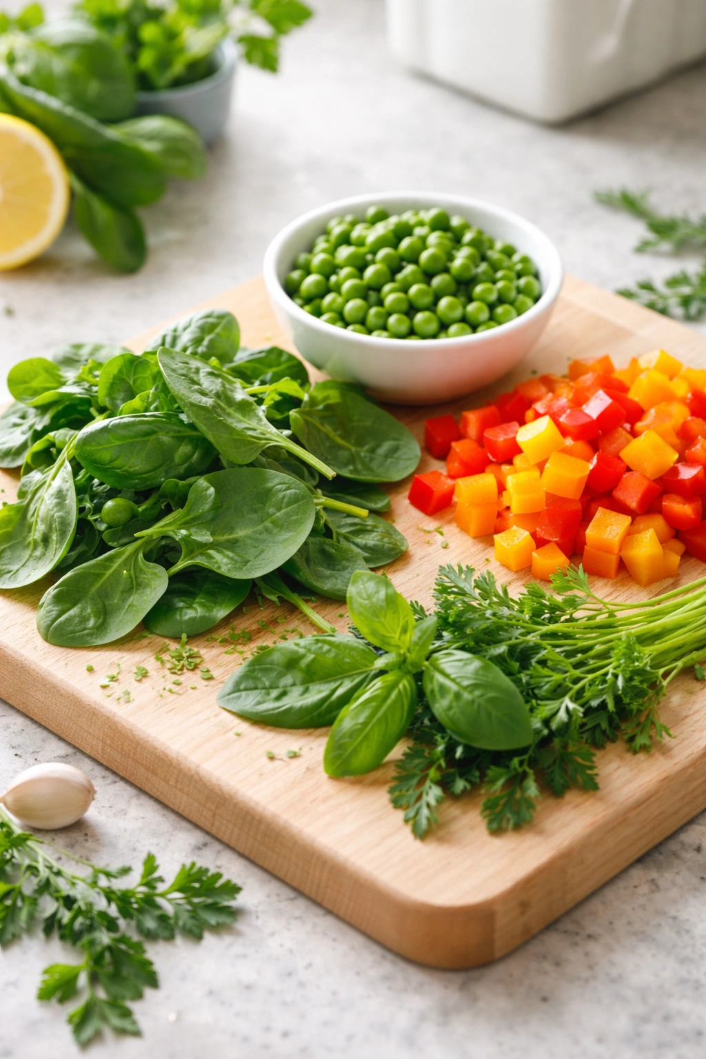 Late-add ingredients such as peas, spinach, and peppers on a cutting board