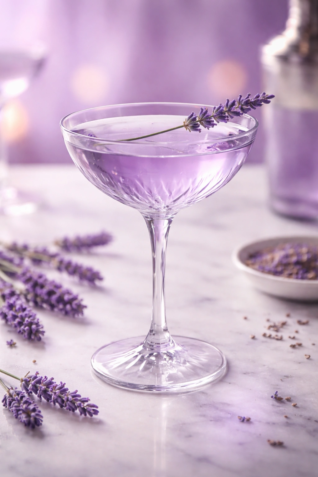 Close-up of lavender martini in a coupe glass with lavender sprig garnish