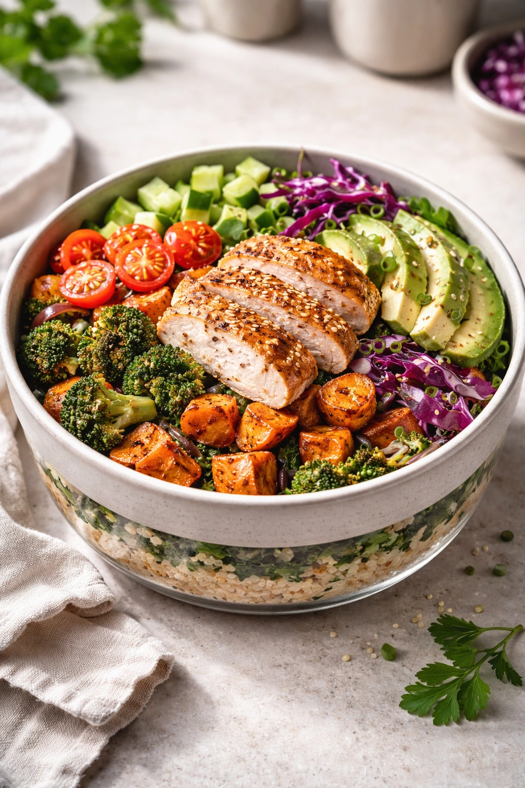 Cross-section of a meal-prep bowl showing layered ingredients: barrier grain/greens, roasted vegetables, protein center, and raw vegetables on top.