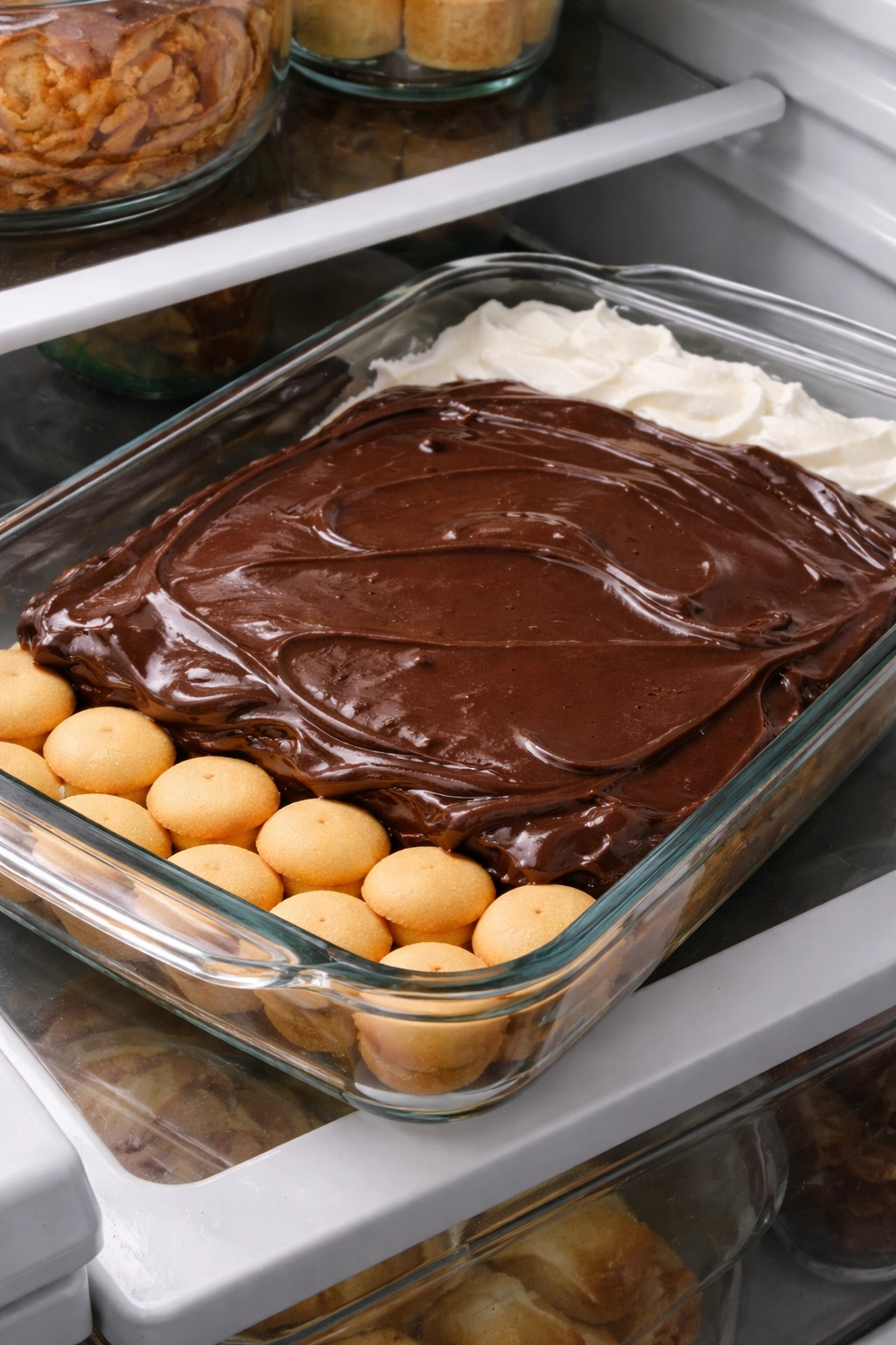 Dish with initial wafer layer and chocolate pudding layer showing early layering
