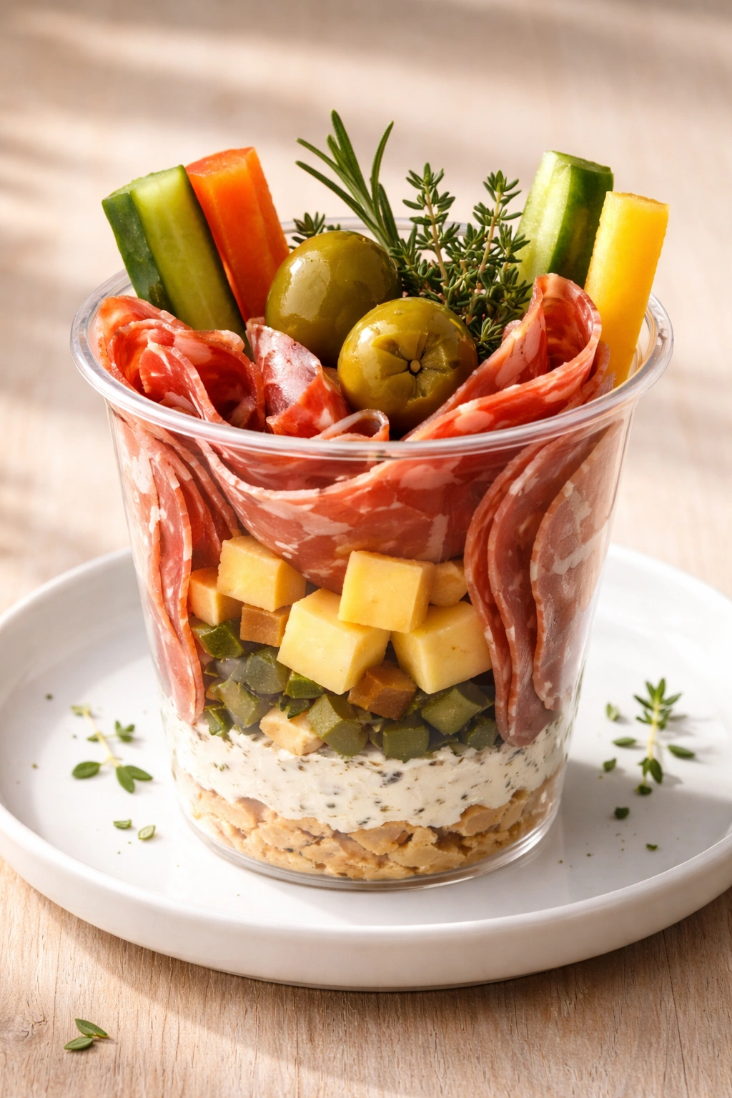 Cross-section of a layered charcuterie cup showing cheese, meat, and vegetables