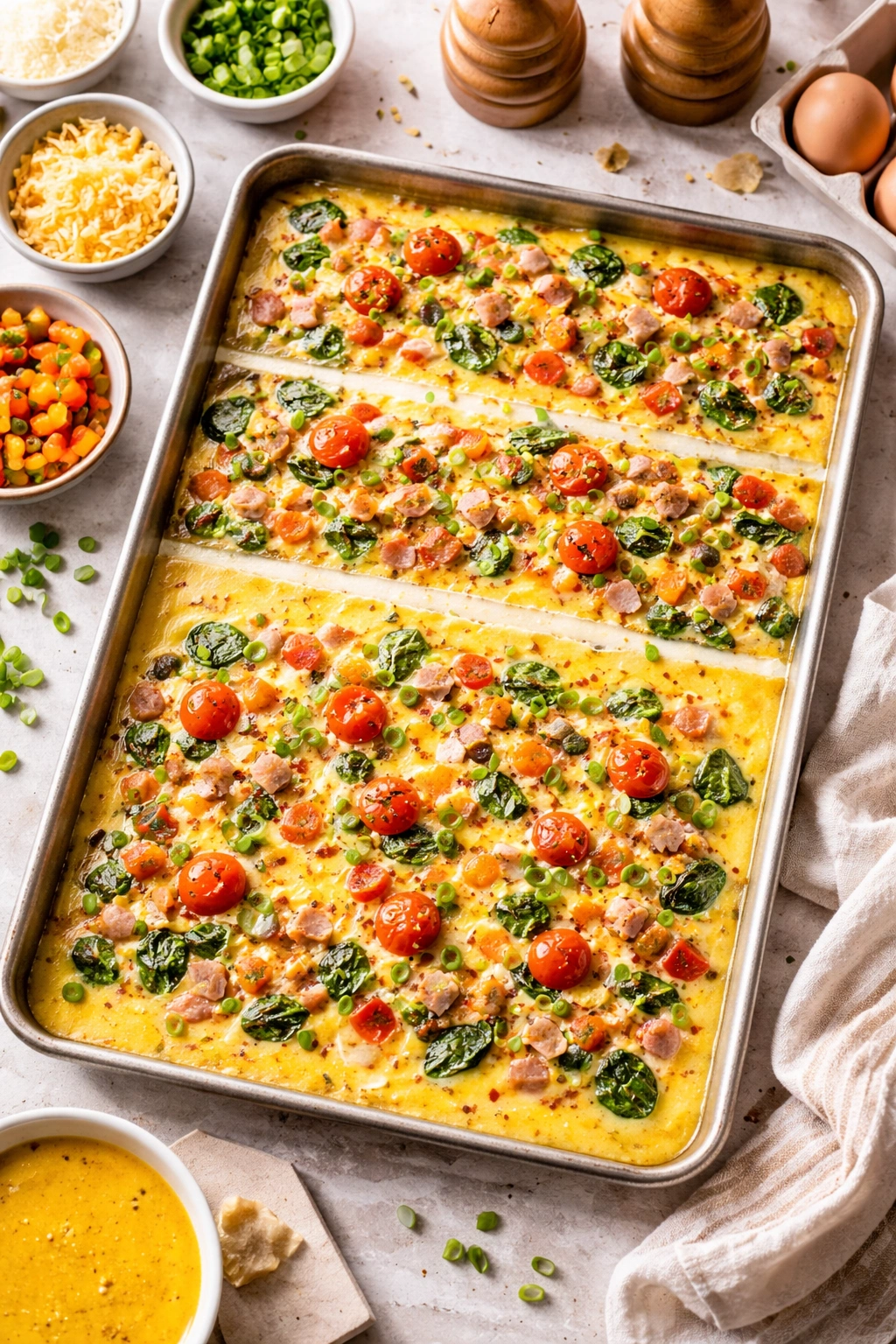 Layered sheet pan eggs showing the three-layer assembly technique