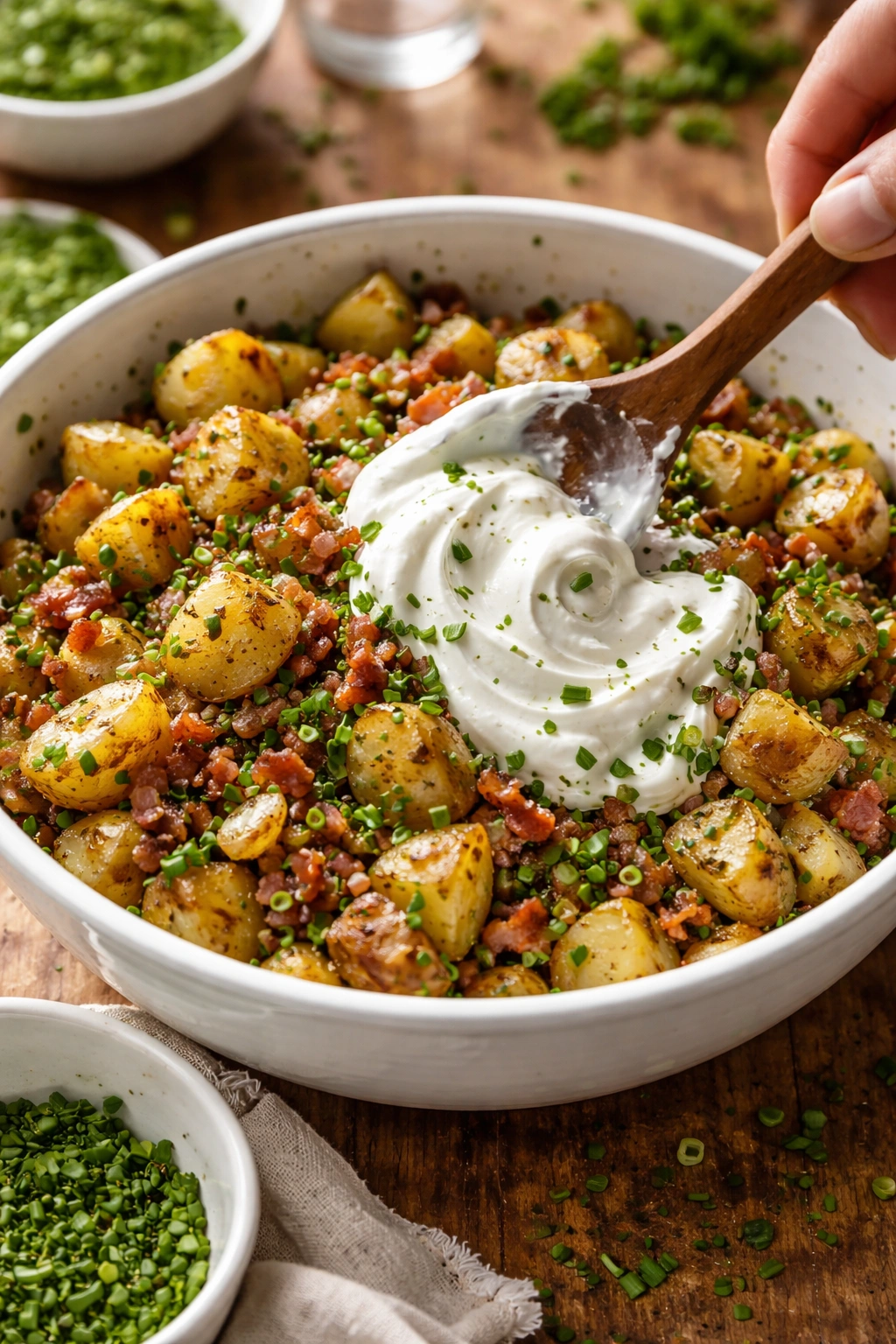 Warm potatoes with vinaigrette and fresh herbs showing layered textures