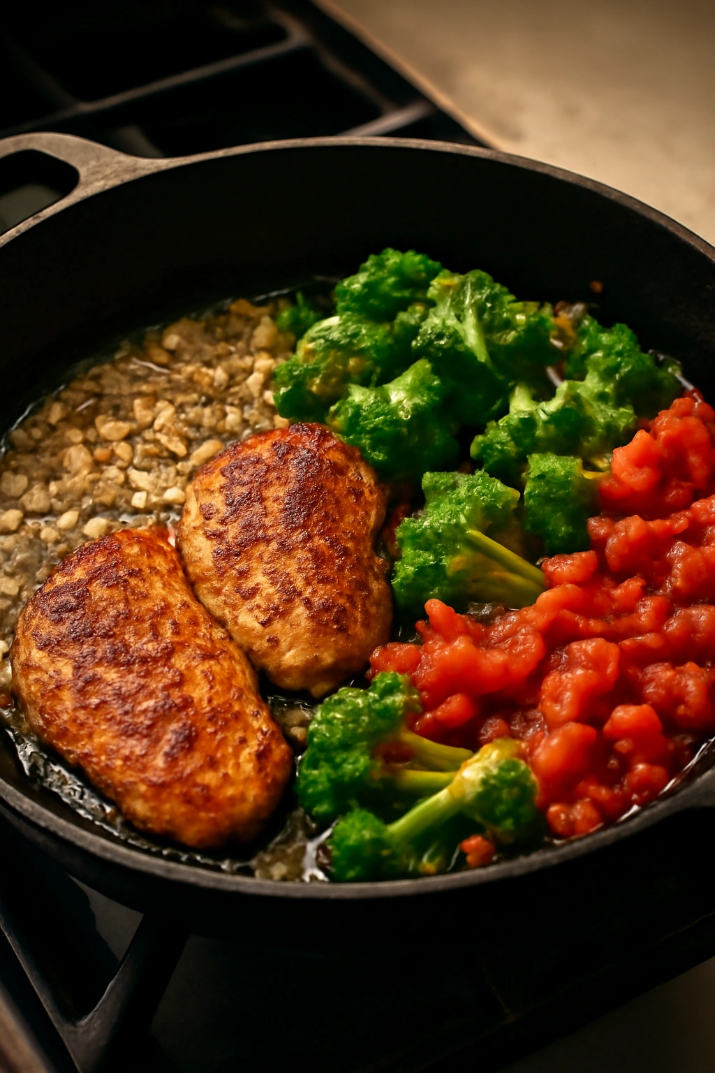 Close-up of layered aromatics, browned protein, and vegetables in a skillet.