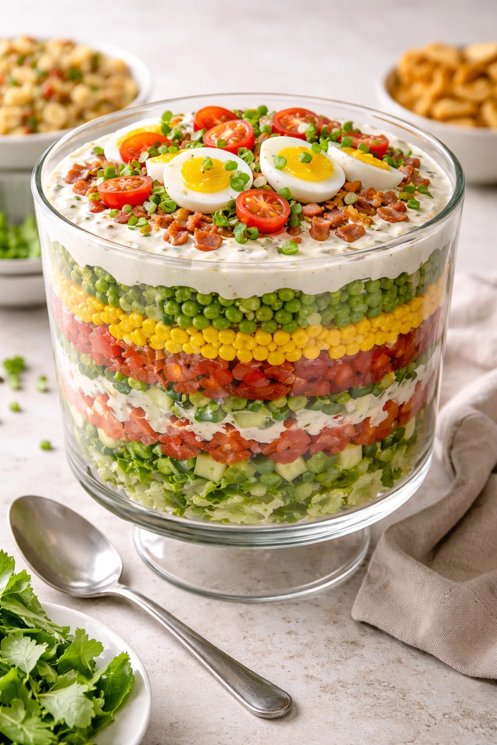 Close-up of a multi-layered salad in a glass dish showing colorful strata
